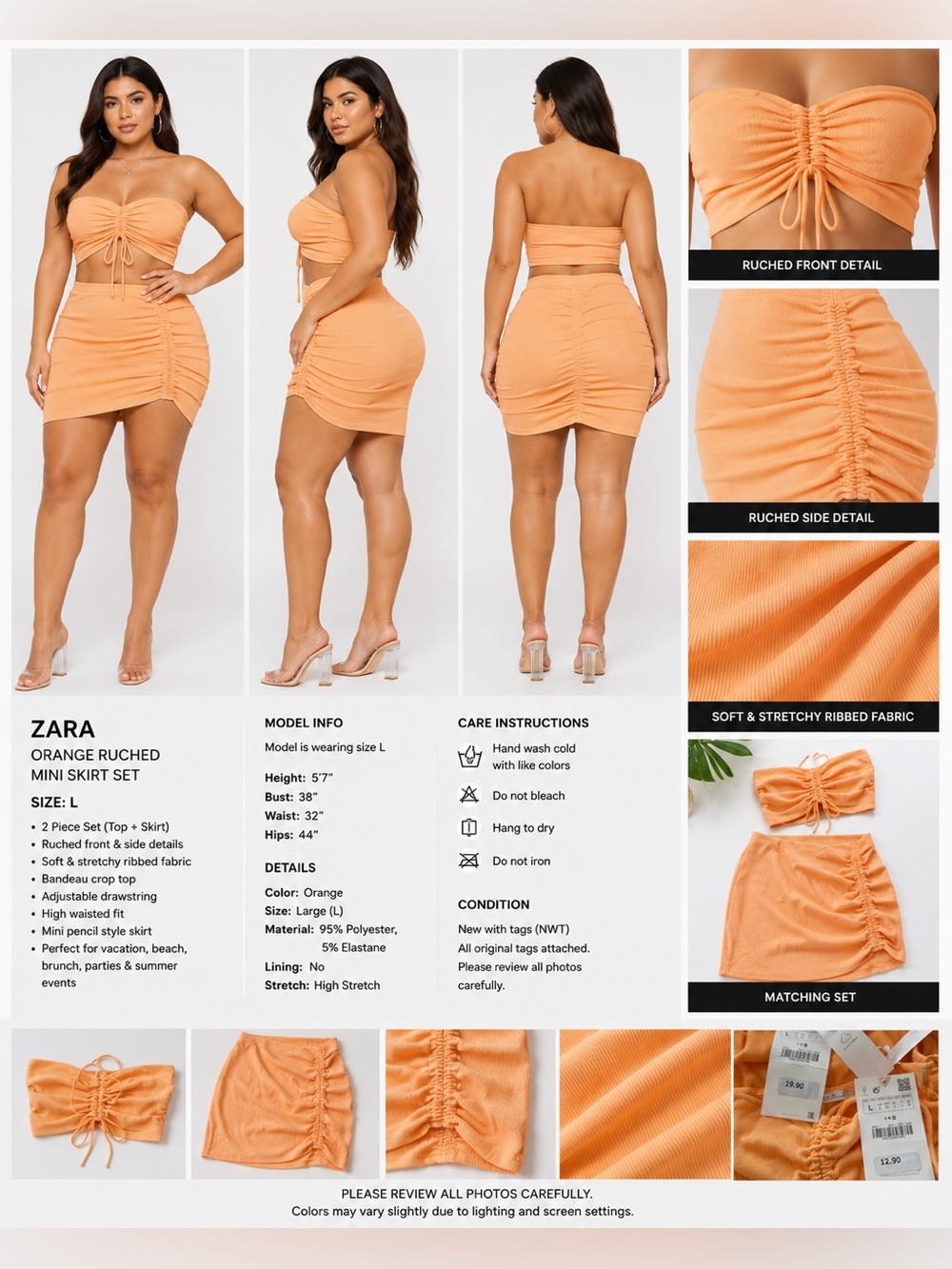 Zara NWT Orange Ruched Two-Piece Set Size L | Bandeau Tube Top & Mini Skirt